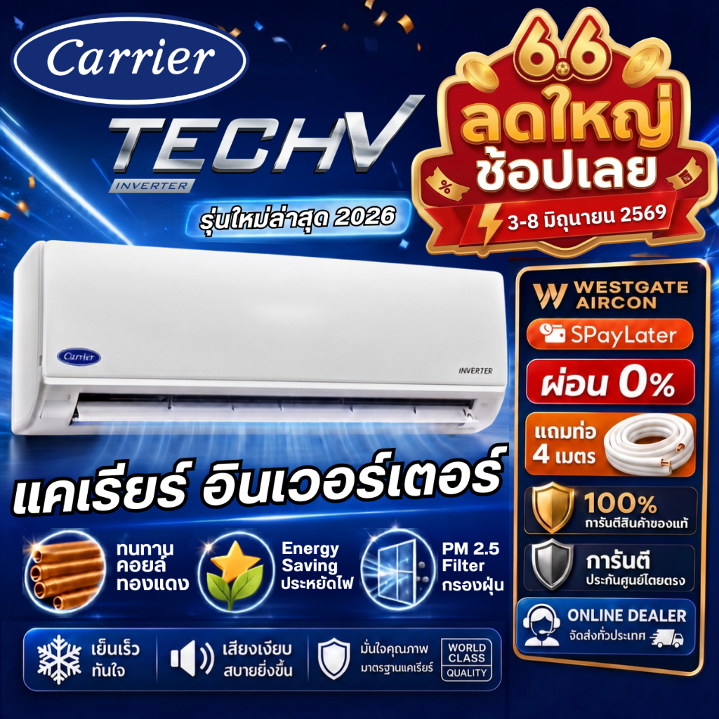 (รุ่นใหม่ล่าสุด) CARRIER INVERTER แอร์แคเรียร์ ระบบอินเวอร์เตอร์ TECH-V ขนาด 9,000-24,000 BTU