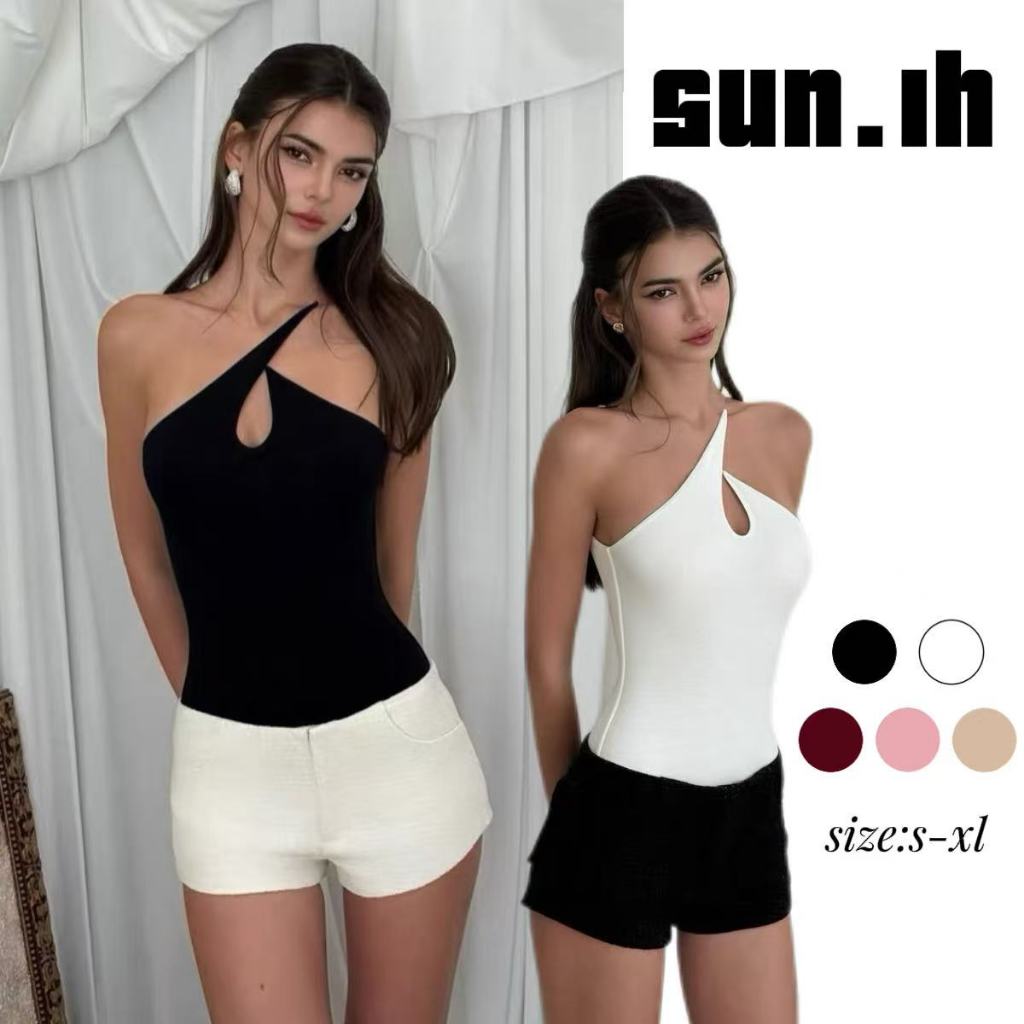 SUN🛍️พร้อมส่ง🛍️เสื้อสายเดี่ยวทรงเข้ารูป ดีไซน์เซ็กซี่ ซ่อนสายคล้องคอและเว้าไหล่(ไม่มีลูกไม้)