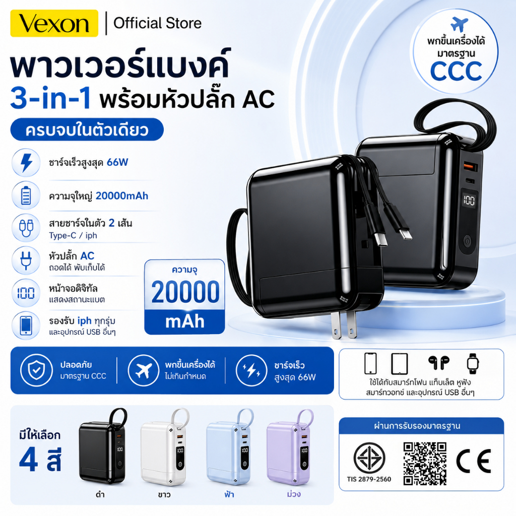 [CCC] พาวเวอร์แบงค์ 20000mAh แบตสำรอง 3in1 ชาร์จเร็ว มีปลั๊ก AC พับเก็บได้ สายในตัว Type C/iph พกขึ้นเครื่องได้