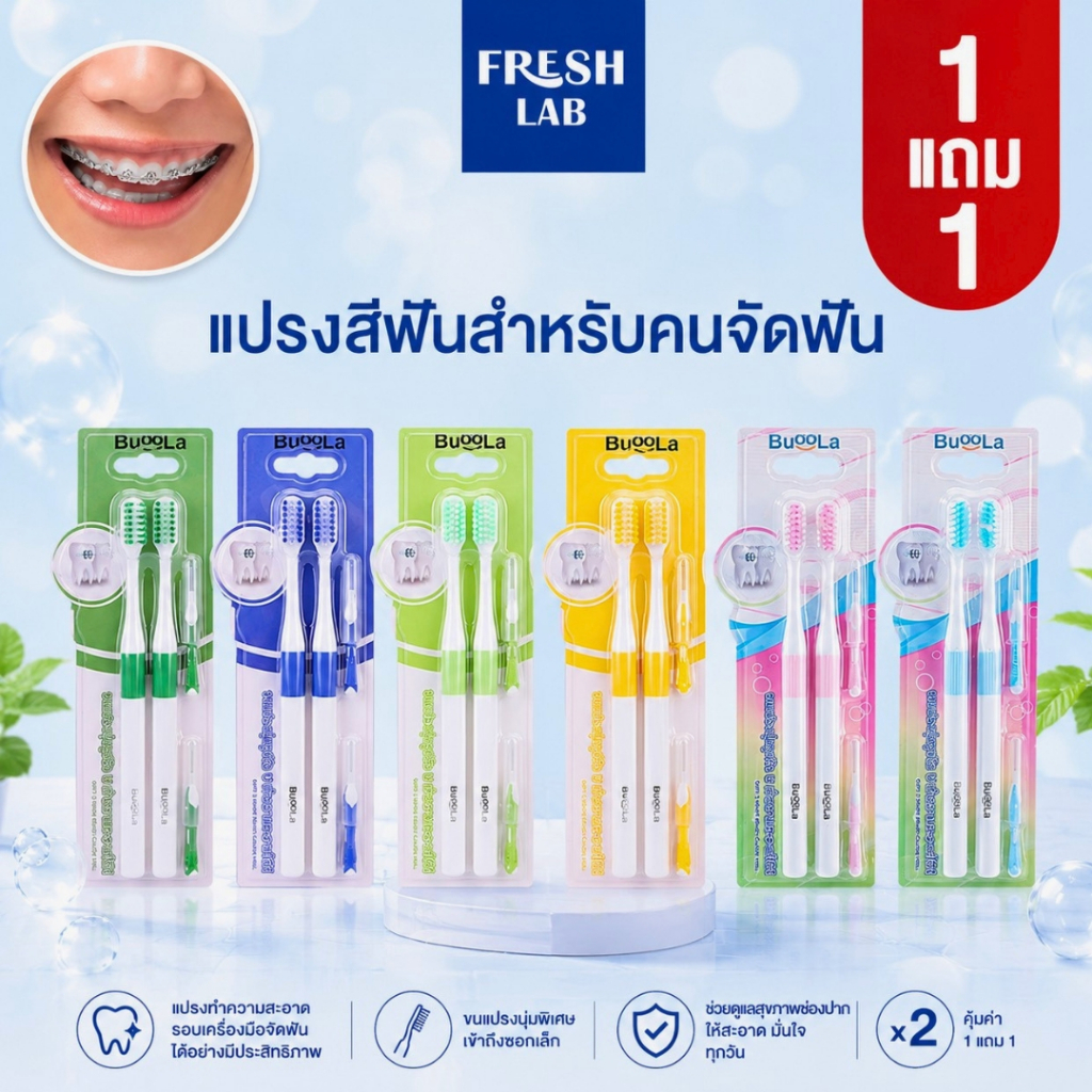 BUOOLA แปรงสีฟัน 1 แถม 1 (สำหรับคนจัดฟัน) พร้อมแปรงขัดซอกฟัน 1แพ็ค 4 ชิ้น ขนแปรงนุ่ม สองชั้น ปากสะอาด