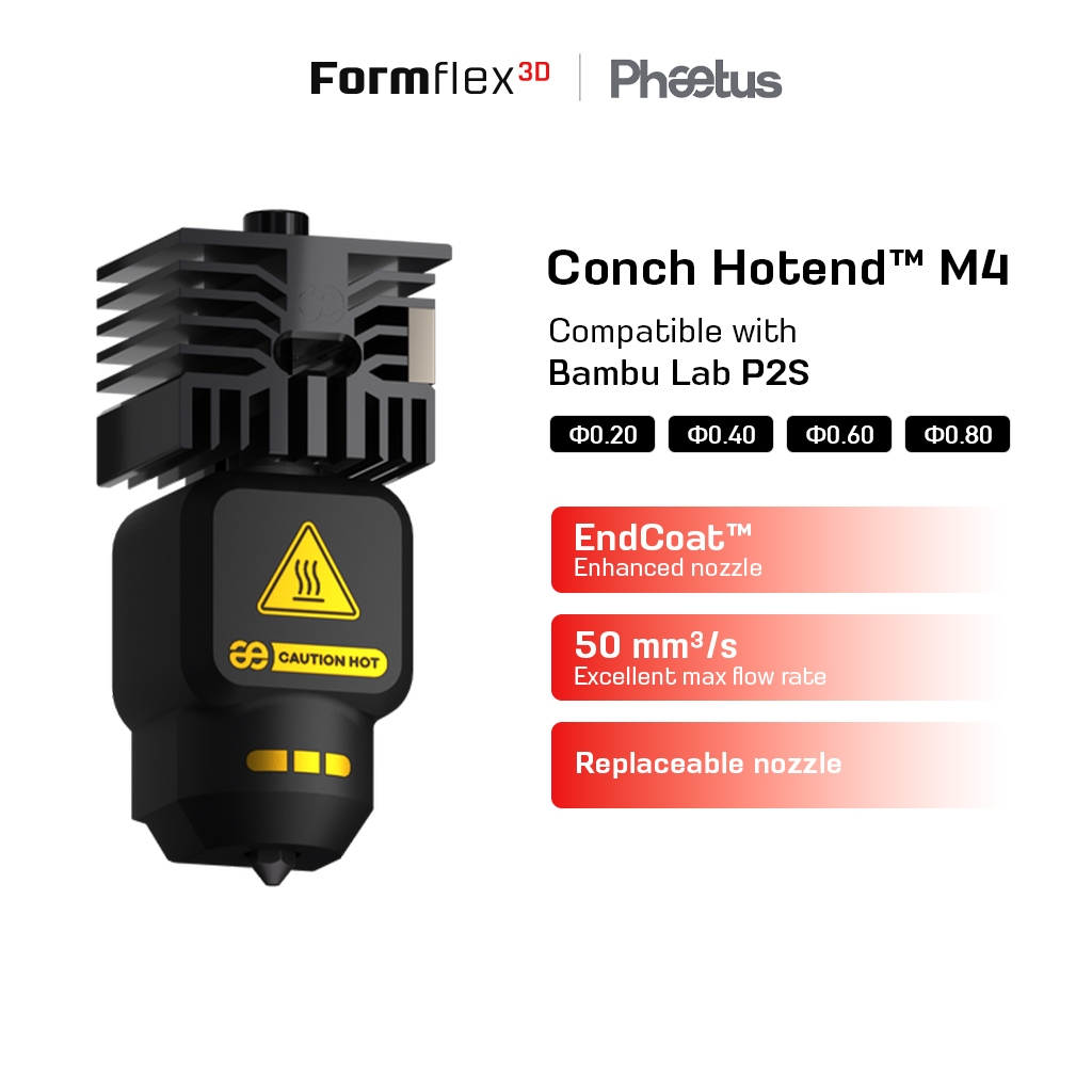 Phaetus Conch Hotend M4 สำหรับ Bambu Lab P2S หัวฉีด EndCoat ทนการกัดกร่อน High Flow Rate คุณภาพสูง
