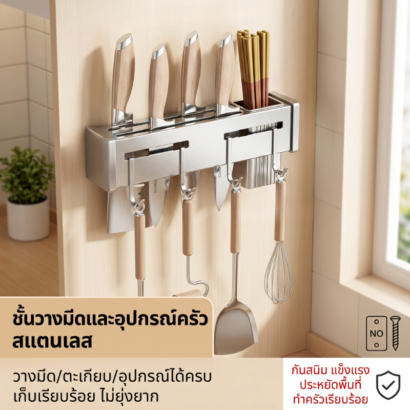 ที่เก็บมีดสแตนเลส 60ซม ติดผนังไม่ต้องเจาะ ใส่ตะเกียบได้ กันน้ำกันสนิม อุปกรณ์จัดเก็บของใช้ในครัว