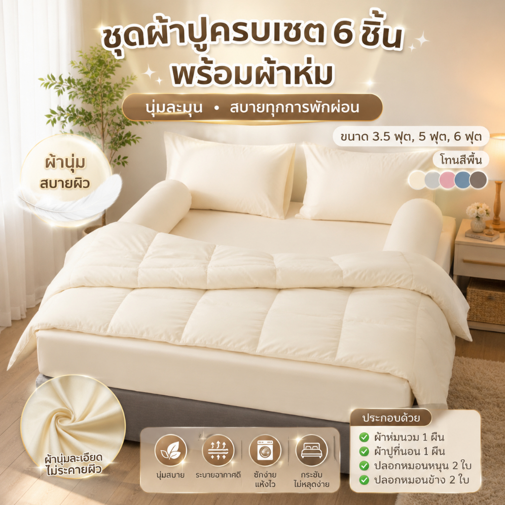 ชุดผ้าปูสีพื้นครบเซต6ชิ้น พร้อมผ้าห่มนวม ขนาด 3.5ฟุต 5ฟุต 6ฟุต พร้อมส่ง ส่งฟรี