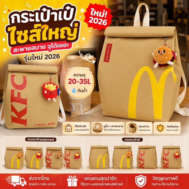 McDonald 's Paper Bag กระเป๋านักเรียน 2026 ใหม่ Creative ความจุขนาดใหญ่ไหล่คู่ไหล่เดี่ยวกระเป๋