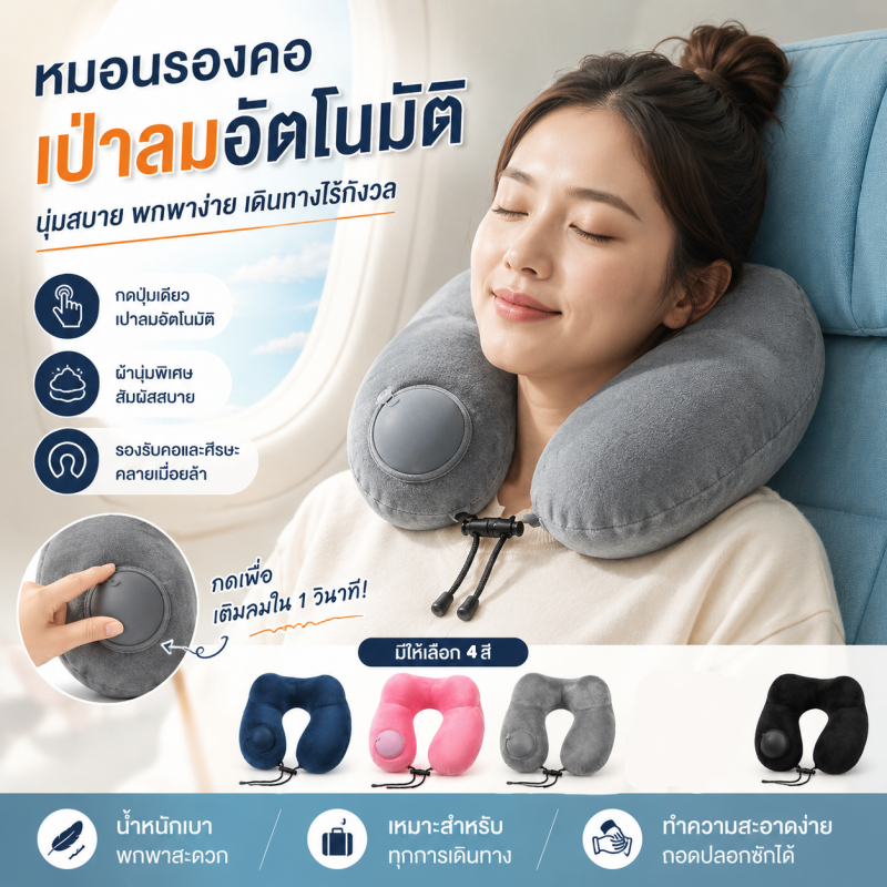 หมอน หมอนเป่าลมพับได้ รูปตัว U รองคอก็ดี รองหลังก็ได้ เติมลมง่าย พกพาสะดวก หมอนอเนกประสงค์