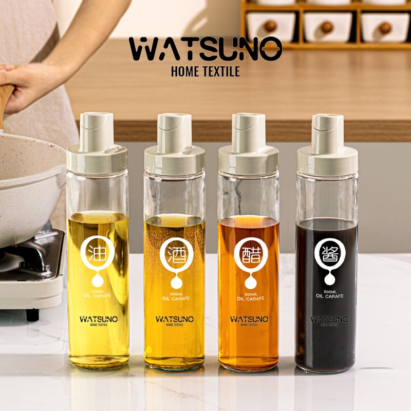 Watsuno.ขวดน้ำมันปรุงอาหารในครัวพร้อมฝาปิด ขวดน้ำมันแก้ว ขวดเครื่องปรุง เปิดอัตโนมัติ ทนทาน