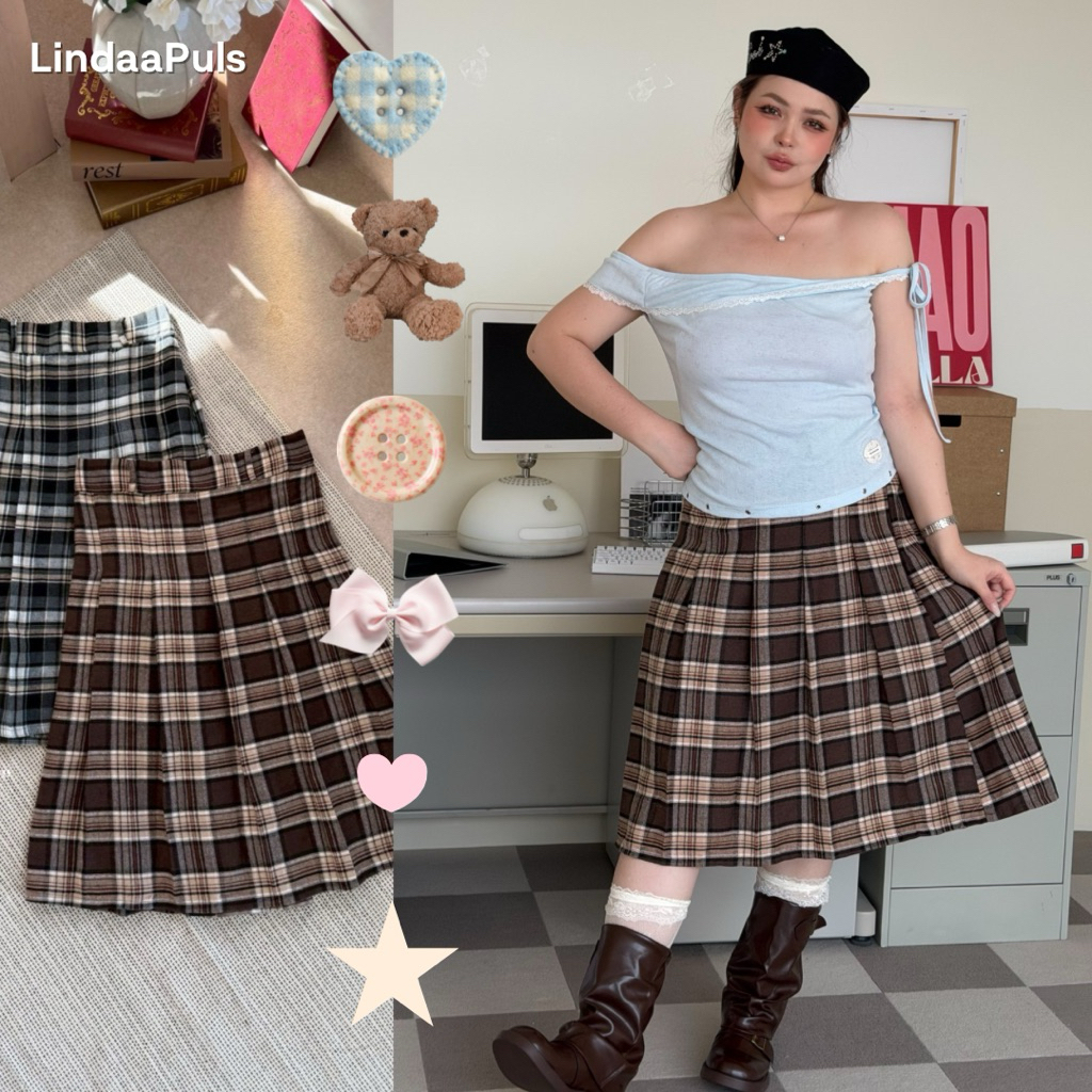 LindaaPlus-- กระโปรงจีบทวิสยาวคลุมเข่าสาวอวบอ้วน 🧸✨ ”Midi Pleated Skirt“ จีบรอบหน้าหลัง เอาสม็อค ไซส์ใหญ่ ใส่ได้บ่อย