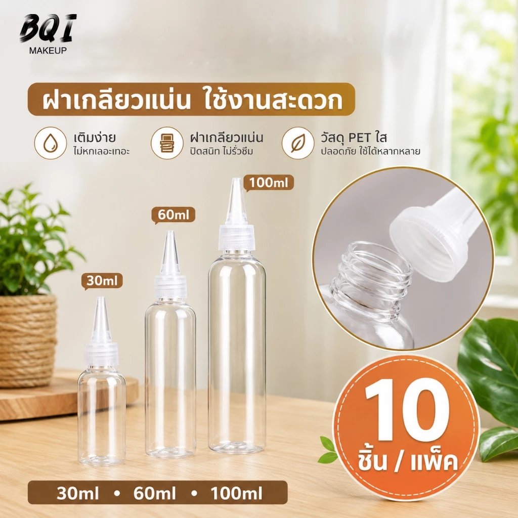 ขวดบีบหยดพลาสติกใส ขวดปลายแหลม PET สำหรับน้ำยา น้ำมัน กาว หมึก 10 ชิ้น/แพ็ค
