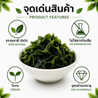 สาหร่ายวากาเมะอบแห้ง 500 กรัม g Dried Wakame Seaweed สาหร่ายทะเล สำหรับซุปมิโสะ ชาบู และอาหารญี่ปุ่น