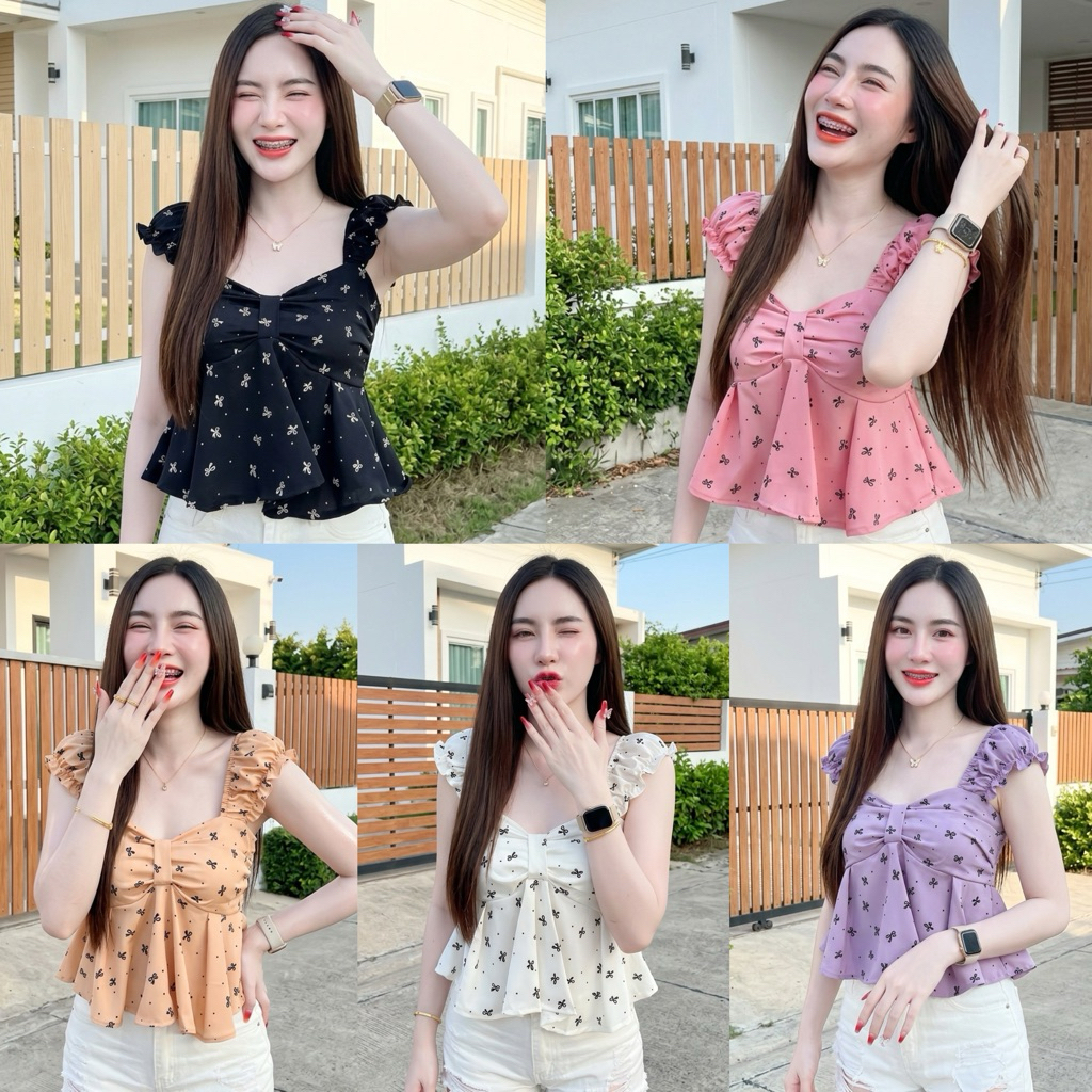 เสื้อสม็อคระบายชายไหล่หยักแต่งโบว์ที่อก พิมพ์ลายโบว์น่ารักมาก