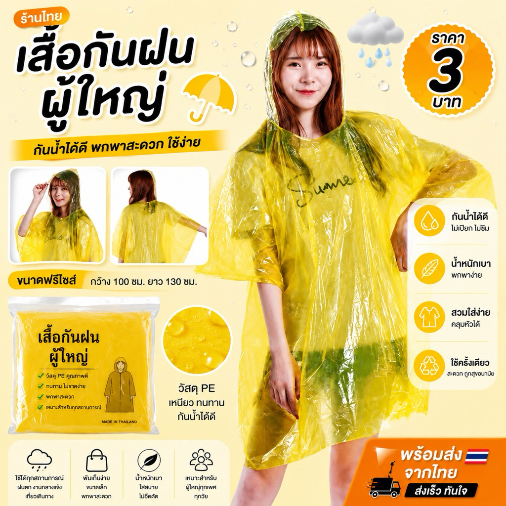 Queen mallshop ร้านไทย(เสื้อกันฝนฉุกเฉิน )กันน้ำ สำหรับผู้ใหญ่ TYE43