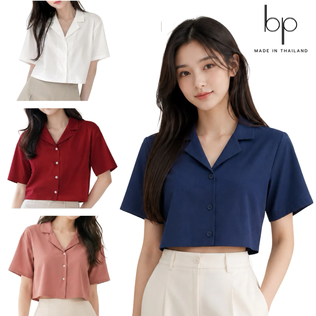 เสื้อครอป7สี เสื้อเชิ้ตหญิงคอปก กระดุมหน้าแขนสั้นรุ่นยอดฮิต ไซส์ S M L XL