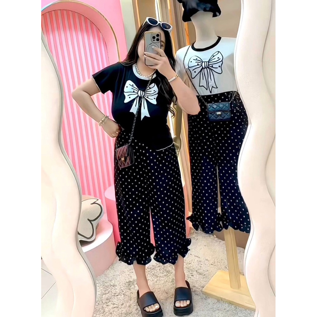 💛SETเสื้อโบว์ทูโทน+กางเกงจุด(บ5+อ6)#สาวอวบ