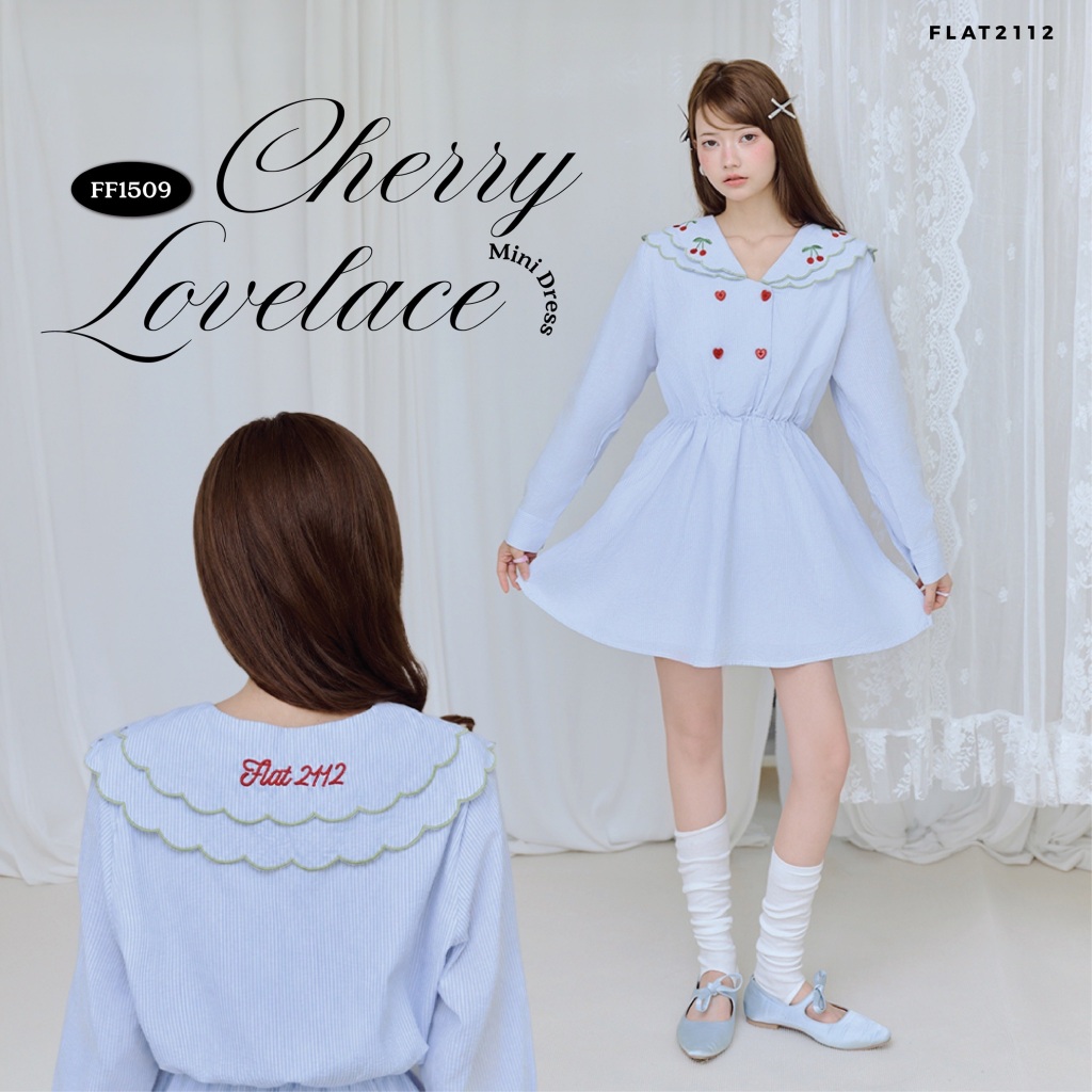 FLAT2112 : CHERRY LOVELACE MINI DRESS เดรสลูกคุณหนูสีฟ้า เดรสสายหวานผู้หญิง เดรสสั้นสีฟ้าผู้หญิง เดรสคอปก (FF1509)