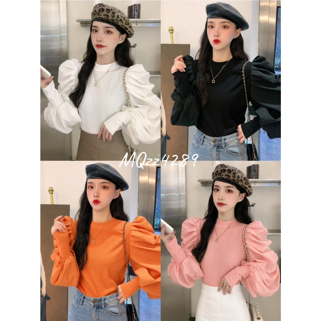 MQzz4289 *พร้อมส่ง* เสื้อแขนยาวไหมพรมบาง แขนพอง น่ารักสุดๆ มิกซ์ได้หลากหลายแนว Freesize