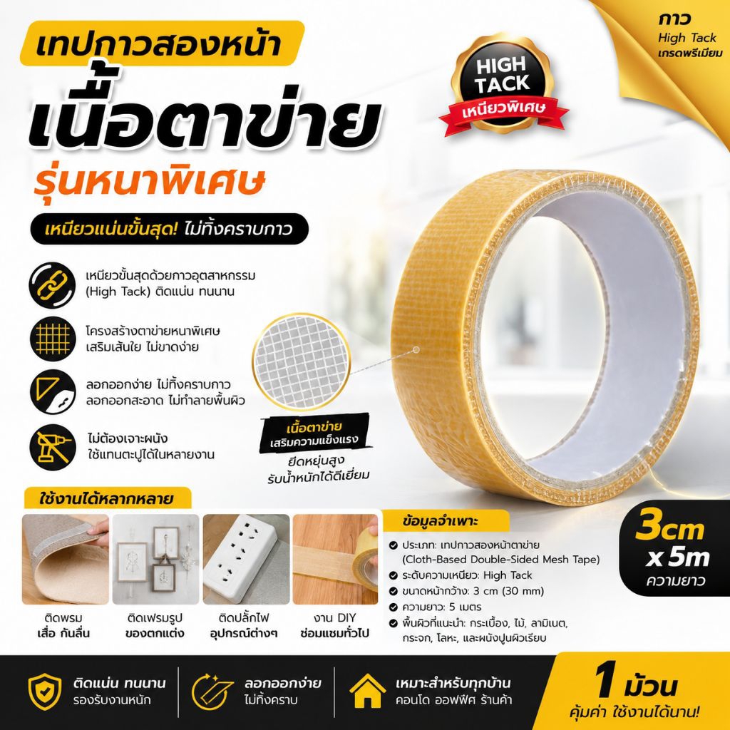 เทปกาวสองหน้าตาข่าย 3cm x 5m รุ่นหนาพิเศษ เหนียวแน่นไม่ทิ้งคราบ เทปติดพรม เทปติดผนังเอนกประสงค์