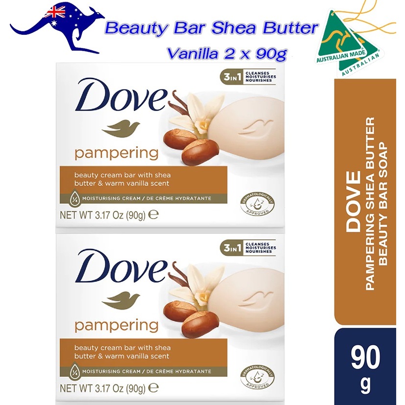Dove Beauty Bar Shea Butter Vanilla 2 x 90g กลิ่นหอมมากๆ หอมติดตัว ฟองนุ่มถนอมผิวละมุน ( แพ็ค90กรัม 2ก้อน )