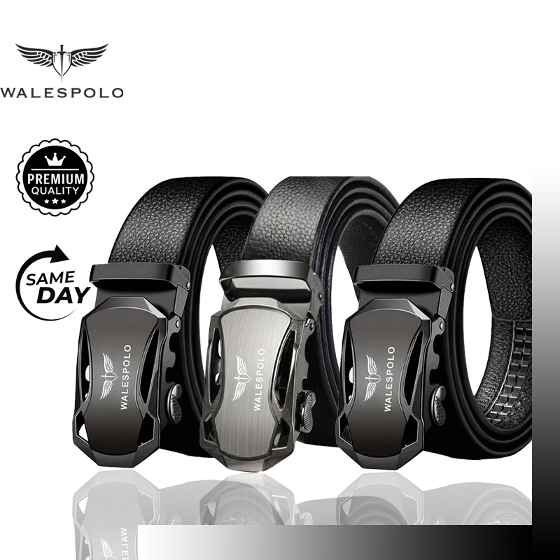 WALESPOLO เข็มขัดผู้ชายหัวล็อกอัตโนมัติ หนัง PU สีดำ ยาว 120 ซม. ตัดปรับได้ เหมาะเป็นของขวัญให้แฟน