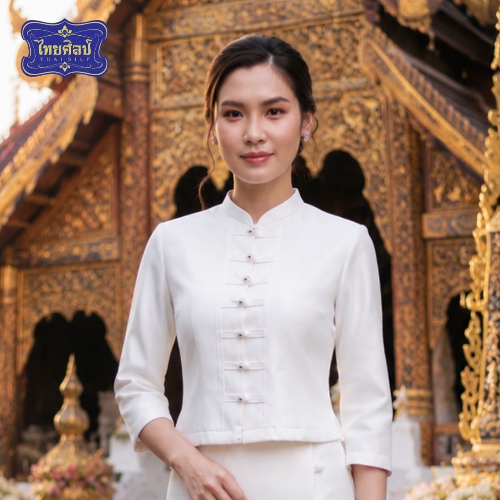 เสื้อคอจีน กระดุมเงิน แขนสามส่วน สีขาว