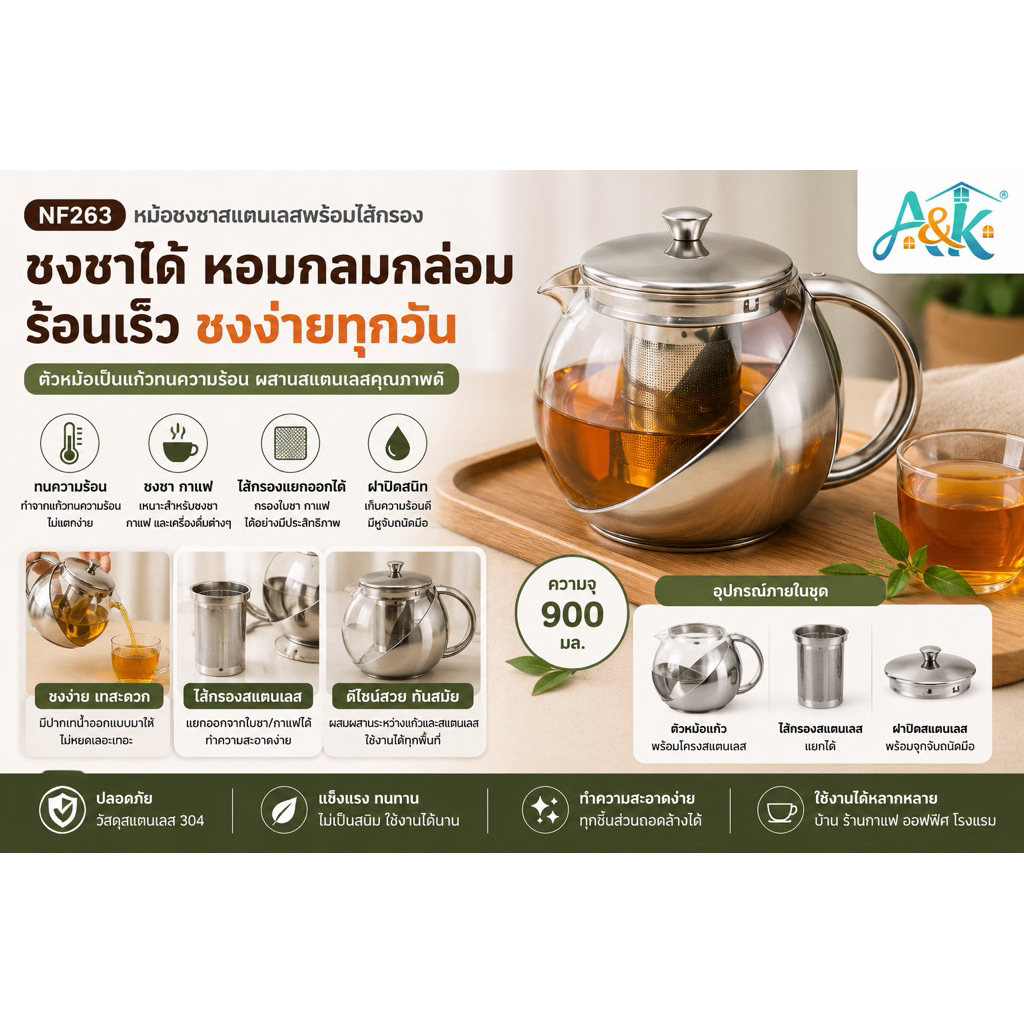 A&k family shop หม้อชงชาสแตนเลสพร้อมใส้กรอง NF263