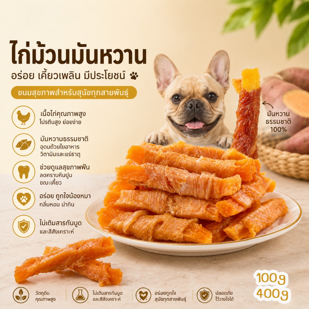 ขนมสุนัขขัดฟัน ไก่พันมันหวาน สูตรธรรมชาติ ไม่มีสารแต่งเติม  เคี้ยวมันส์ หอมอร่อย สุขภาพฟันแข็งแรง ขนมหมา ขนมสุนัข