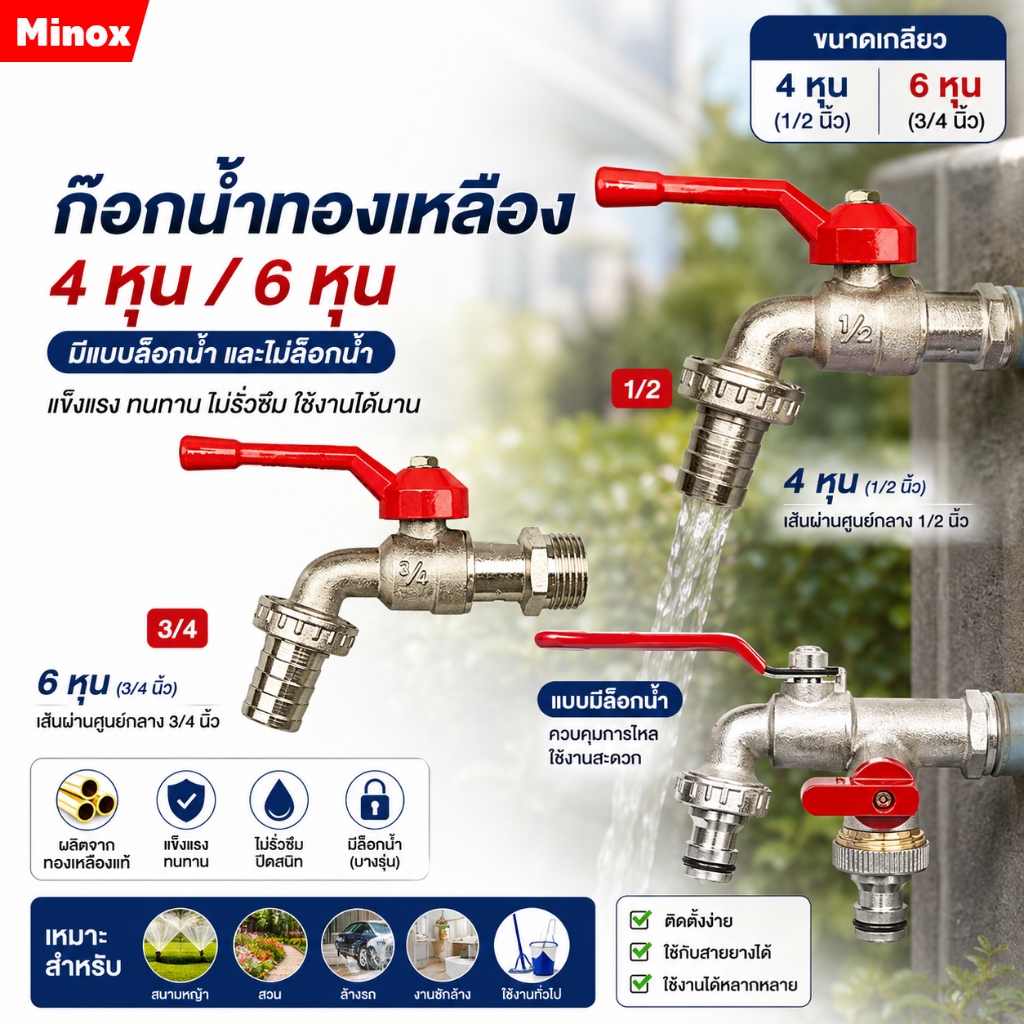 ก๊อกน้ำ ก๊อกบอลสนาม 1/2นิ้ว[4หุน] 3/4นิ้ว[6หุน] มีล็อคในตัว ก็อกน้ำ ก๊อกด้ามแดง ก๊อกปากสนาม ก๊อกน้ำสวน ก๊อกต่อสายยาง