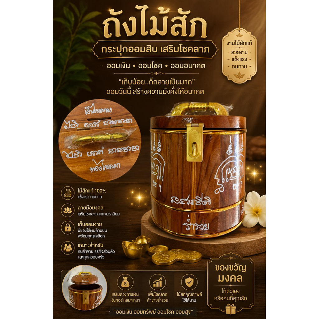 ✨ กระปุกออมสินไม้สัก เสริมโชค เรียกทรัพย์ ✨ขนาด(7x7)นิ้ว