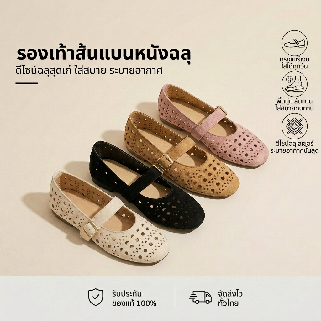 ส่งฟรี รองเท้าส้นแบนผู้หญิง Mary Jane คัทชูมีสายคาด สไตล์เกาหลี ฉลุลาย พื้นนิ่ม ใส่สบาย กันลื่น พร้อมส่ง