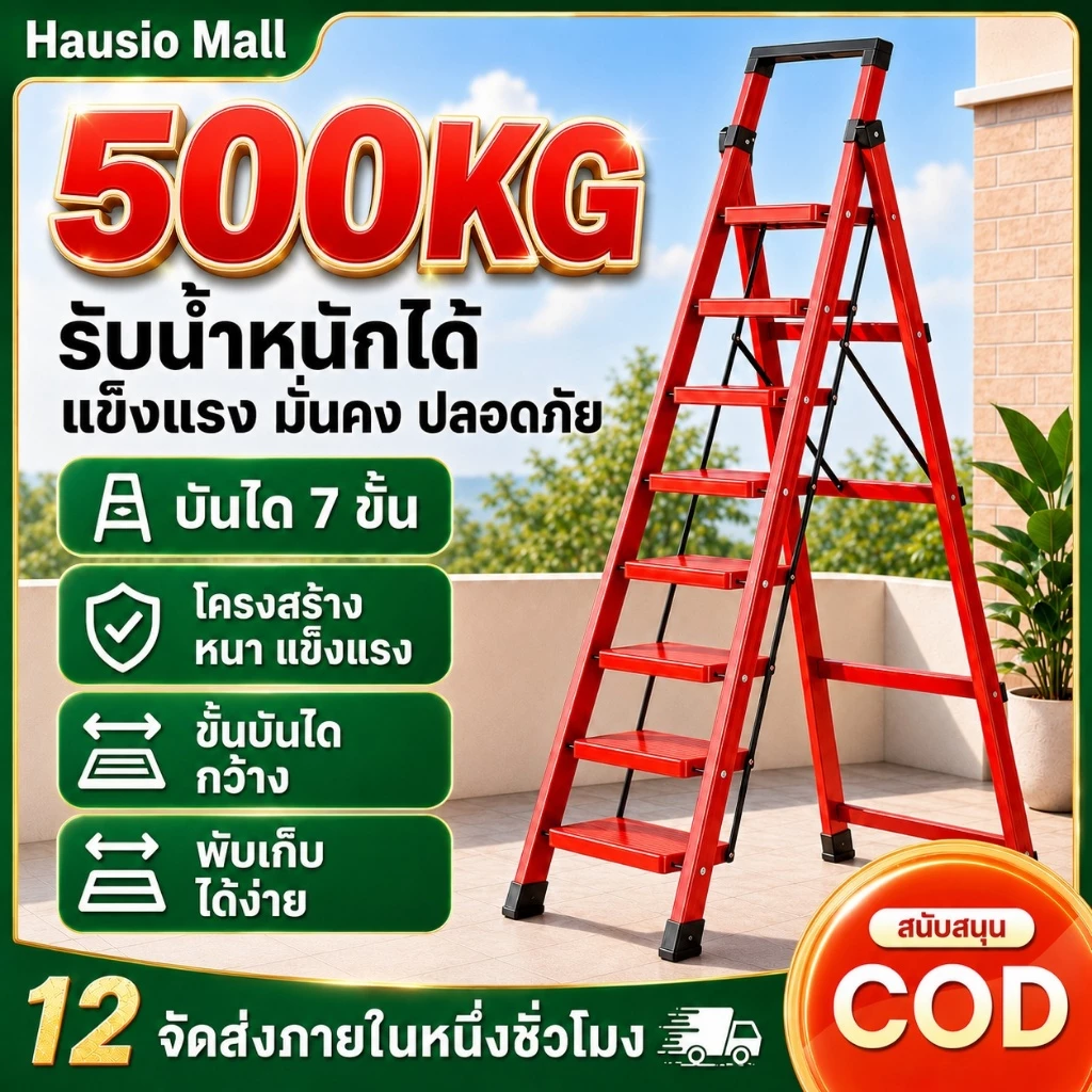 บันได บันไดพับได้ อลูมิเนียม พับได้ รับน้ำหนักได้ 500KG 2-8ชั้น แดง/ดำ/ขาว แข็งแรงทนทาน ไม่เป็นสนิม