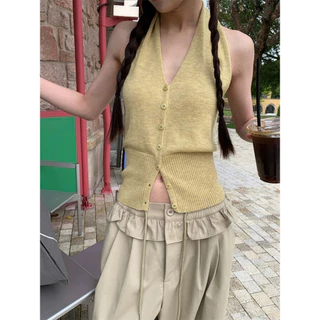 QY.shop เสื้อกั๊กถักผู้หญิงแฟชั่นกระดุมแถวเดียว คอวี ผิวเพรียว สวมใส่สบาย เนื้อผ้านุ่ม-B088