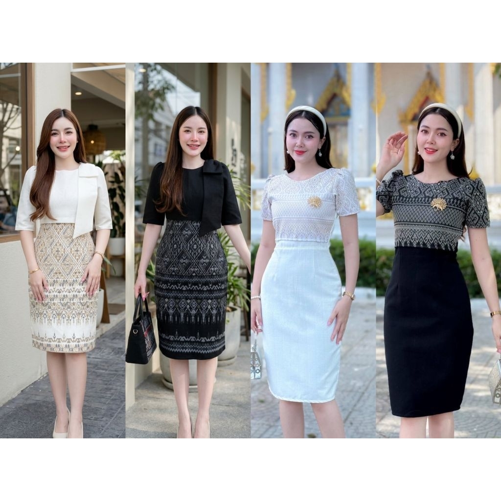 เดรสผ้าฝ้ายทอลายขอ ทรงครอป ขาว /ดำ ผ้าอัดกาวทั้งชุด ยาว 38นิ้ว