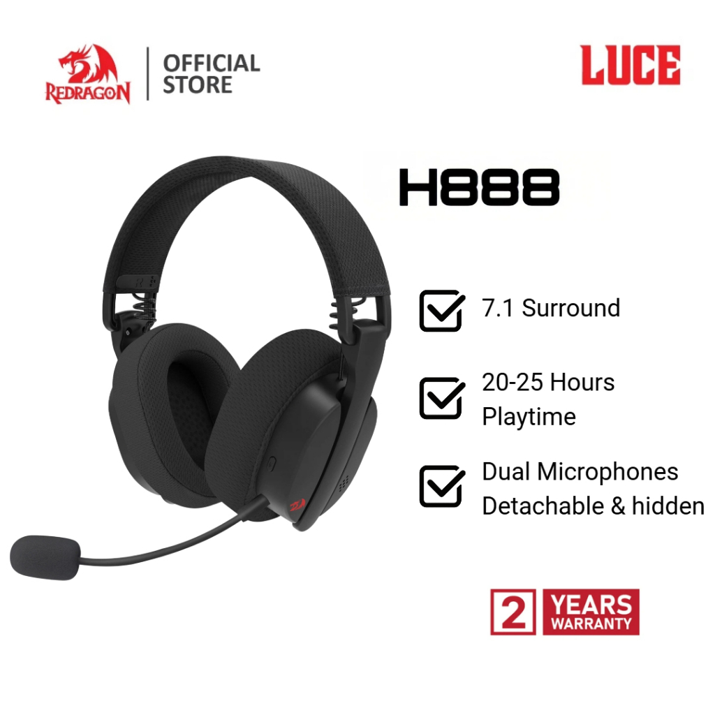 Redragon LUCE H888 ชุดหูฟังสําหรับเล่นเกมไร้สาย 7.1 การออกแบบน้ําหนักเบา 168G ไมโครโฟนแบบถอดได้ 40 ม