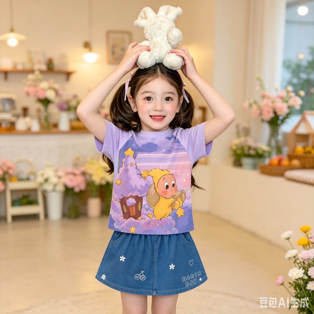 AY301 ชุดเด็กผู้หญิง เสื้อยืดการ์ตูนสีม่วง + กระโปรงยีนส์ น่ารักสดใส
