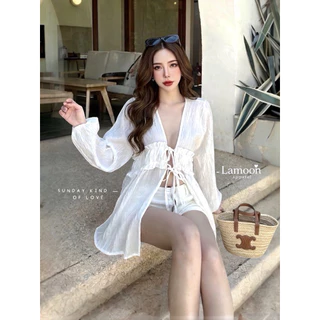 [พร้อมส่ง] Winnie top เสื้อคอวีแต่งจีบอก ผูกโบว์หน้า ชุดไปทะเล ชุดไปคาเฟ่ by Lamoon apparel