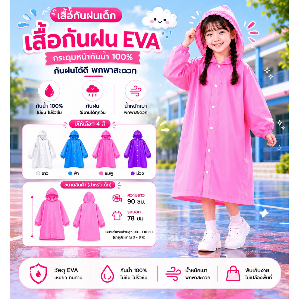 เสื้อกันฝนเด็ก EVA กันน้ำ 100% พร้อมฮู้ด แขนยาว น้ำหนักเบา พกพาง่าย มีสายรัดแขน