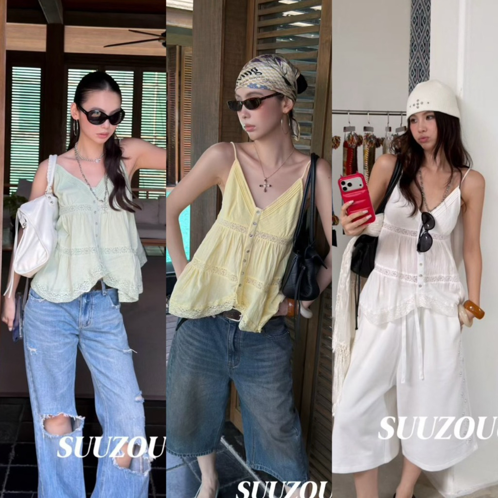 SU273# 🇰🇷เสื้อสายเดี่ยว คอวี แต่งกระดุมและผ้าลูกไม้ งานสวยเก๋ ดีเททลดีทุกจุด ผ้าดีใส่สบายTag MMfish🇰