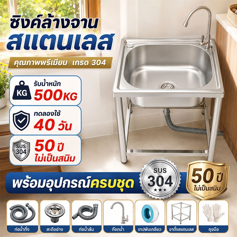 💥พร้อมส่ง💥สแตนเลส304 1 หลุม 100% ไม่ขึ้นสนิม อ่างล้างจาน มั่นคงและไม่สั่น รับน้ำหนักได้ดี