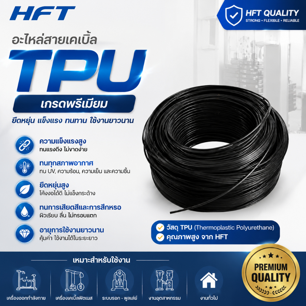 สายสลิงเครื่องออกกำลังกาย สายเคเบิ้ล หุ้ม TPU ขนาด 5-6 mm (ตัดแบ่งขาย) ทนทาน ยืดหยุ่น ใช้งานยาวนาน - Homefittools
