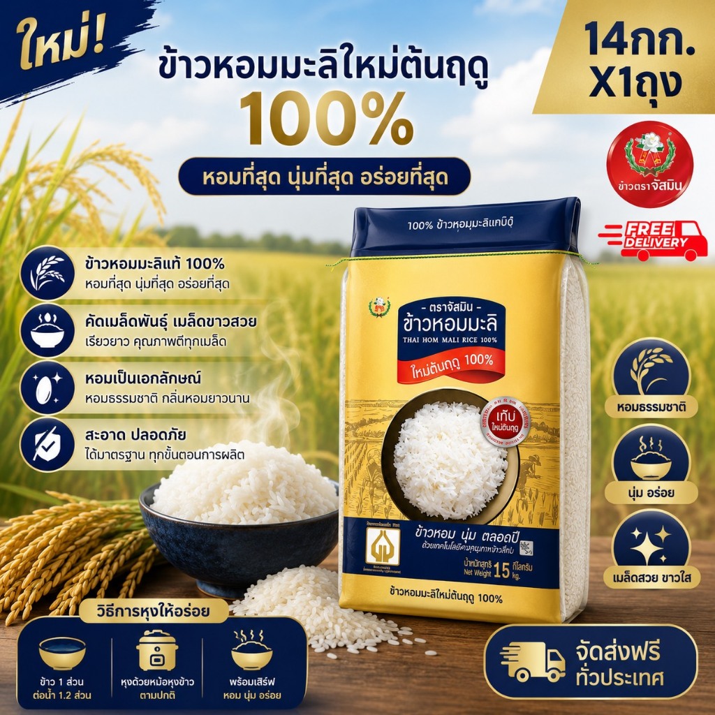 ใหม่! ข้าวหอมมะลิใหม่ต้นฤดูแท้ 100% (ปี68/69) Limited Edition ขนาด 14กก.X1 กระสอบ
