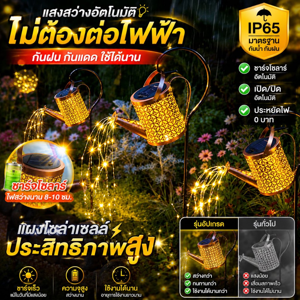 ไฟบัวรดน้ำวินเทจ LED โคมไฟโซล่าเซลล์แต่งสวน กระพริบ กันน้ำระดับ IP65 กลางแจ้ง ทนทาน เหมาะสำหรับตกแต่งสนามหญ้าถนนสวน