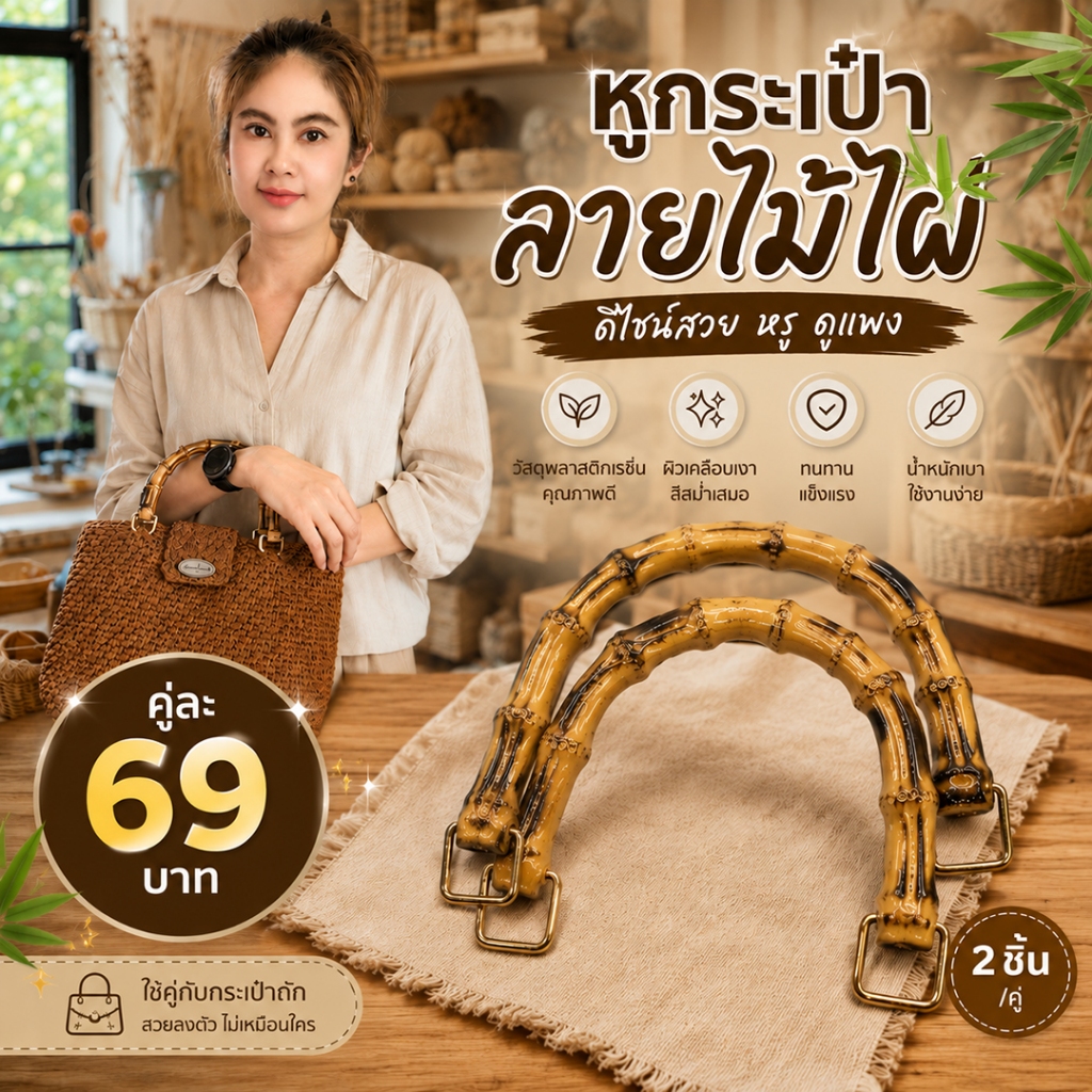 หูกระเป๋าลายไม้ไผ่ ทำจากพลาสติกเรซิ่น สำหรับงาน DIY กระเป๋าถักโครเชต์