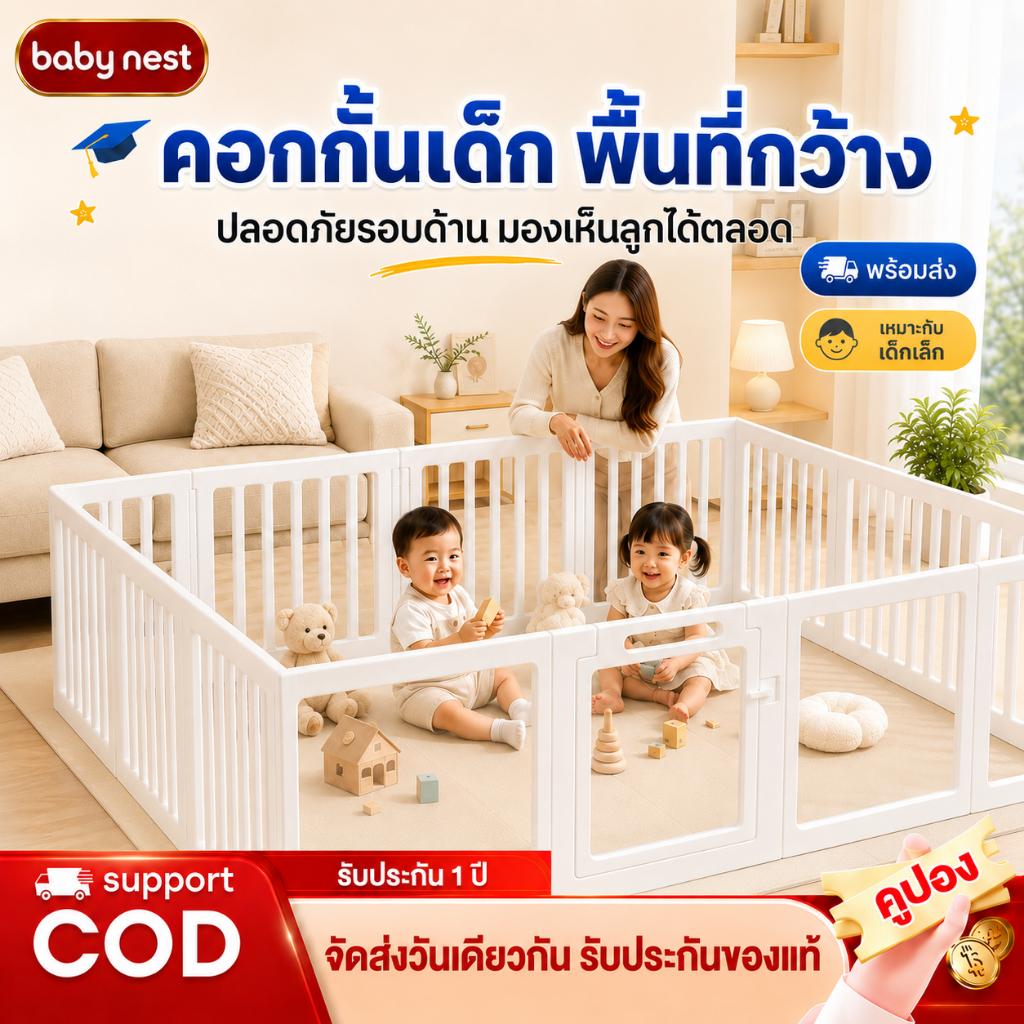 คอกกั้นเด็ก คอกเด็ก คอกเด็กพับได้ มีประตูใส มองเห็นลูกชัด ปลอดภัยรอบด้าน พื้นที่เล่นกว้าง