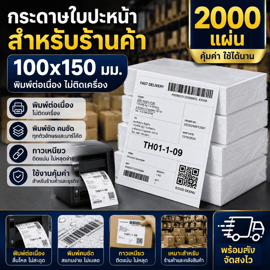 กระดาษใบปะหน้า 100x150 มม. 2000 แผ่น สำหรับร้านค้า พิมพ์ต่อเนื่อง ไม่ติดเครื่อง
