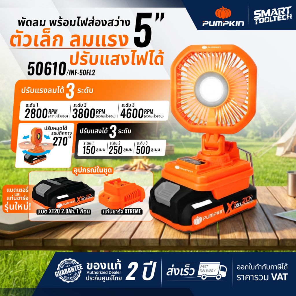 🔥รุ่นใหม่ปี2026 ส่งด่วน🔥 พัดลมไร้สาย 5" Pumpkin 50609 50610 พัดลมแบตเตอรี่ พัดลมจิ๋ว