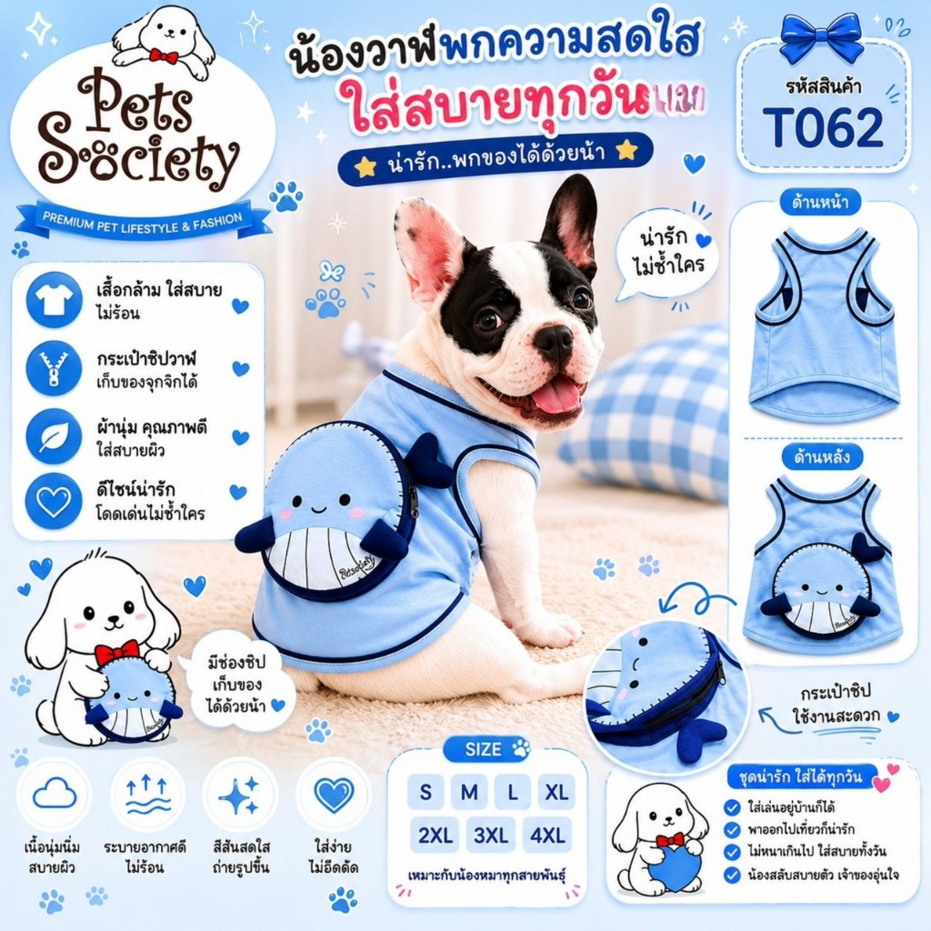 PetSociety เสื้อสุนัข-แมว Dog clothes Cat Clothes เสื้อกล้ามกระเป๋าหลัง - ปลาวาฬ