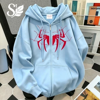 เสื้อฮู้ดมีซิปแขนยาวลายแมงมุมสีแดง สไตล์อเมริกัน ทรงหลวม Unisex ผ้าฝ้ายคุณภาพสูง เนื้อผ้านุ่มกันลม มี 12 สี พร้อมส่ง สต็