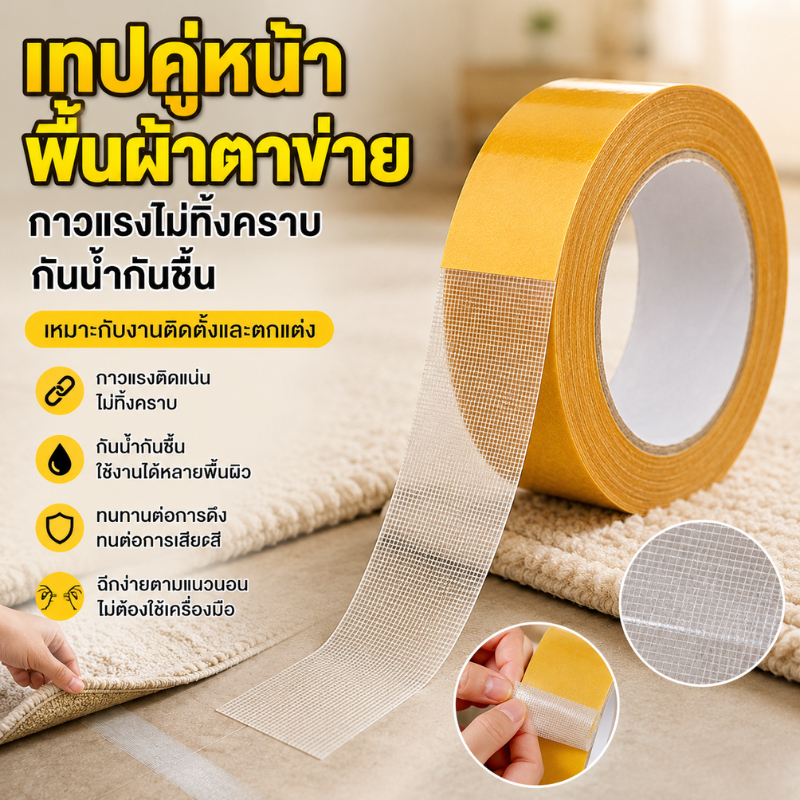 พร้อมส่ง เทปเยื่อกาวสองหน้า ตาข่าย กันน้ำ ไร้ร่องรอย ความหนืดสูง เทปกาวพรม Grid Double Sided Tape
