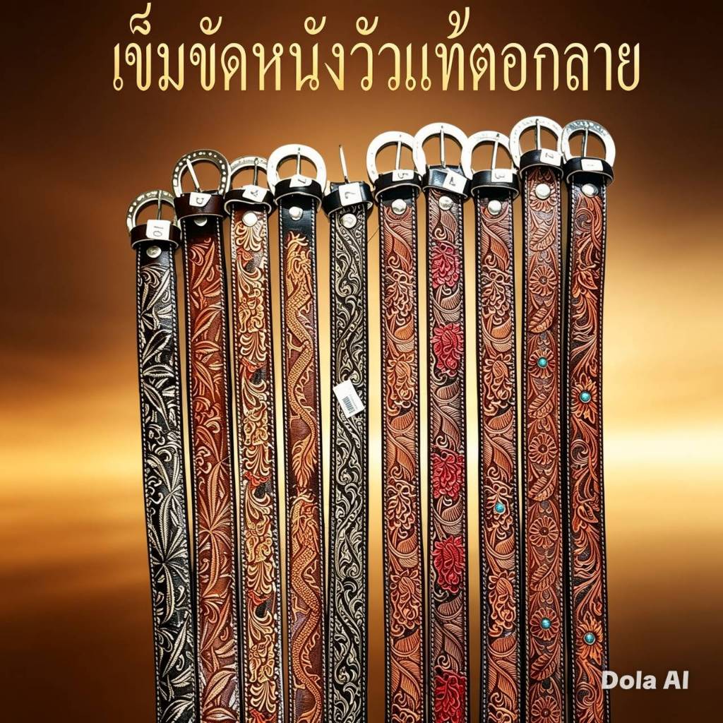เข็มขัดหนังวัวแท้100% งานตอกลายแฮฟวี่  คาวบอย Cowboy Cowgirl  วินเทจคลาสสิค แนว เท่ห์ ลายดอกลายไทย  เปลี่ยนหัวได้  10ลาย