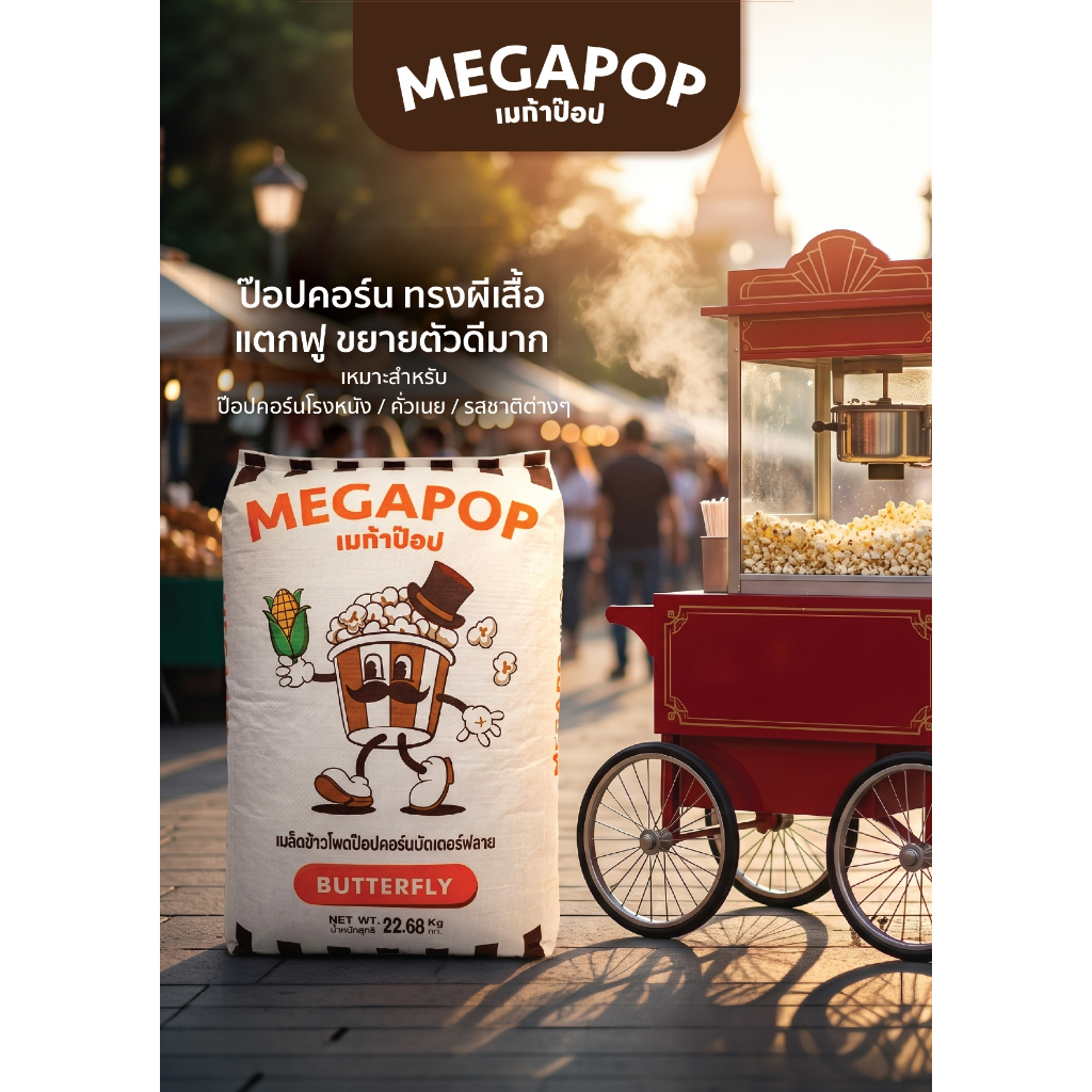 MEGA POP เมล็ดข้าวโพดป๊อปคอร์นผีเสื้อ Butterfly Popcorn 22.68kg (ยกกระสอบ)