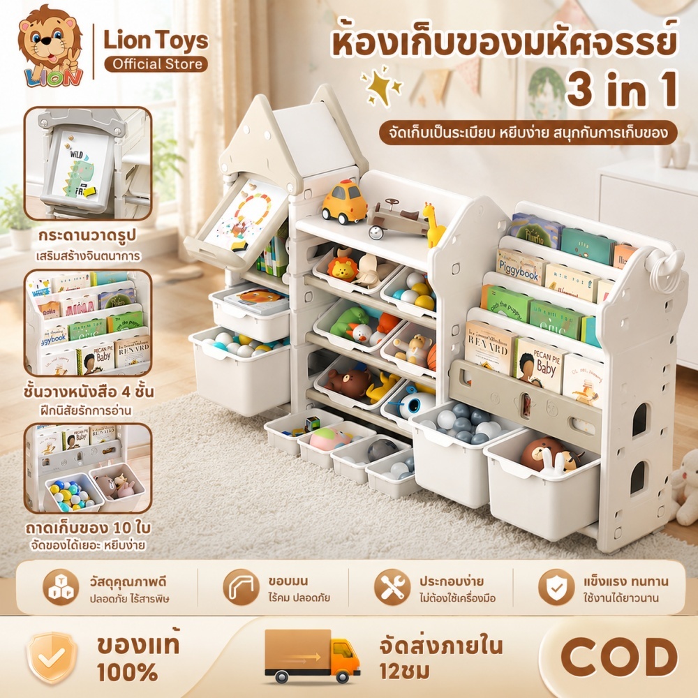 LionToys ชั้นวางของเล่น ชั้นวางของเด็กทรงบ้าน ชั้นวางของ คอลเลกชันของเล่น ชั้นวางหนังสือ